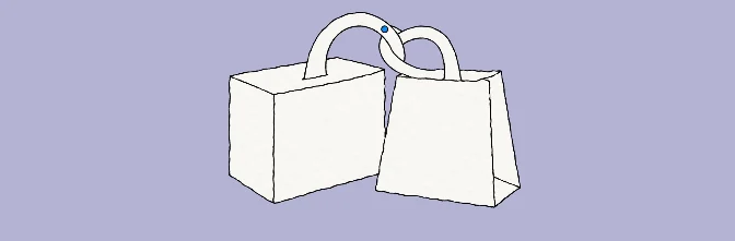 Dos bolsas de papel con las asas entrelazadas