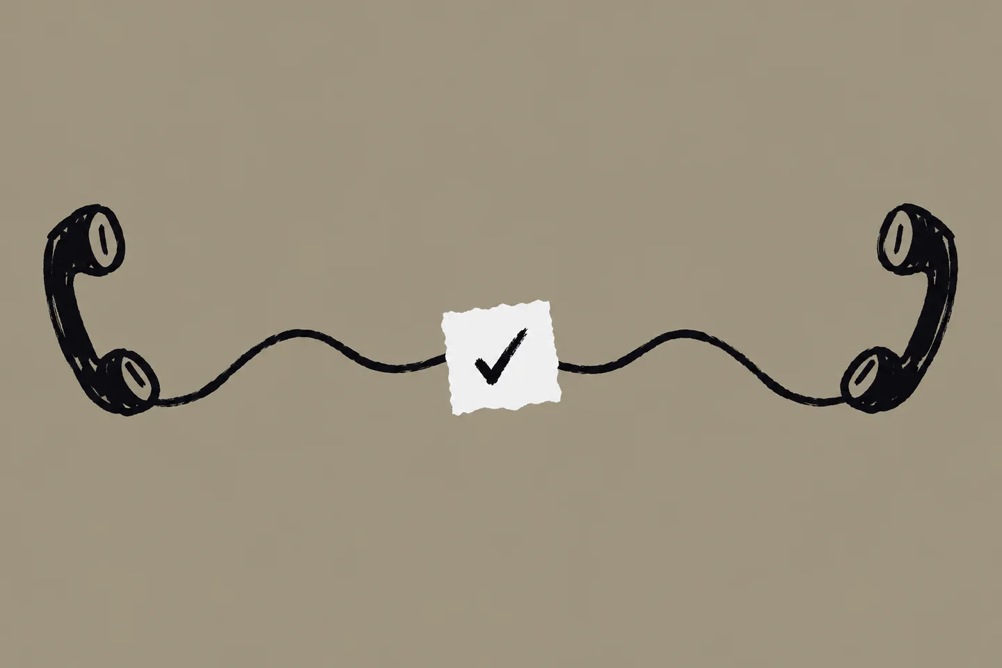 Ink drawing of two telephone handsets joined by a wavy line with a sheet of paper in the middle.