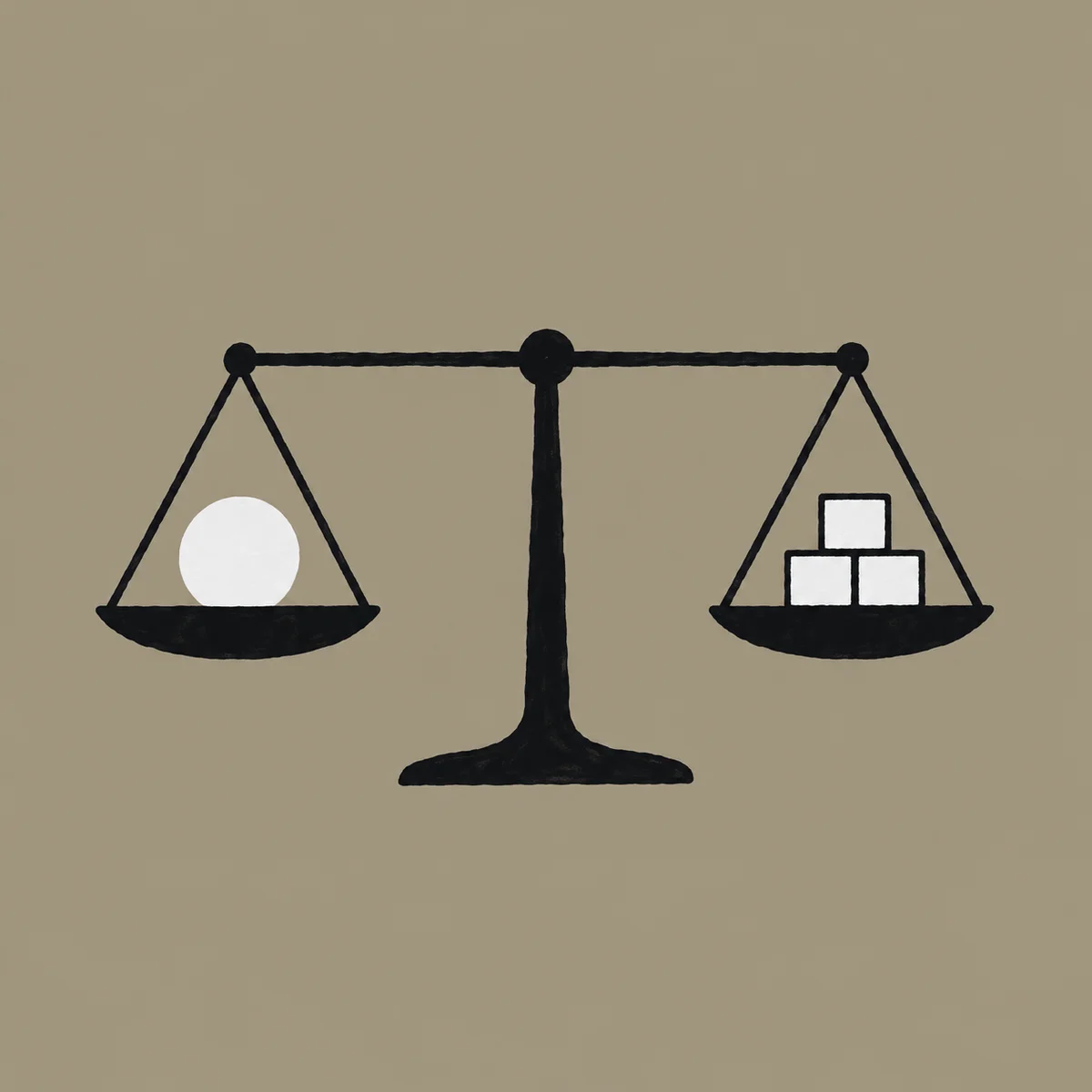 Ink drawing of a level balance scale with a paper circle on one pan and three blocks on the other.