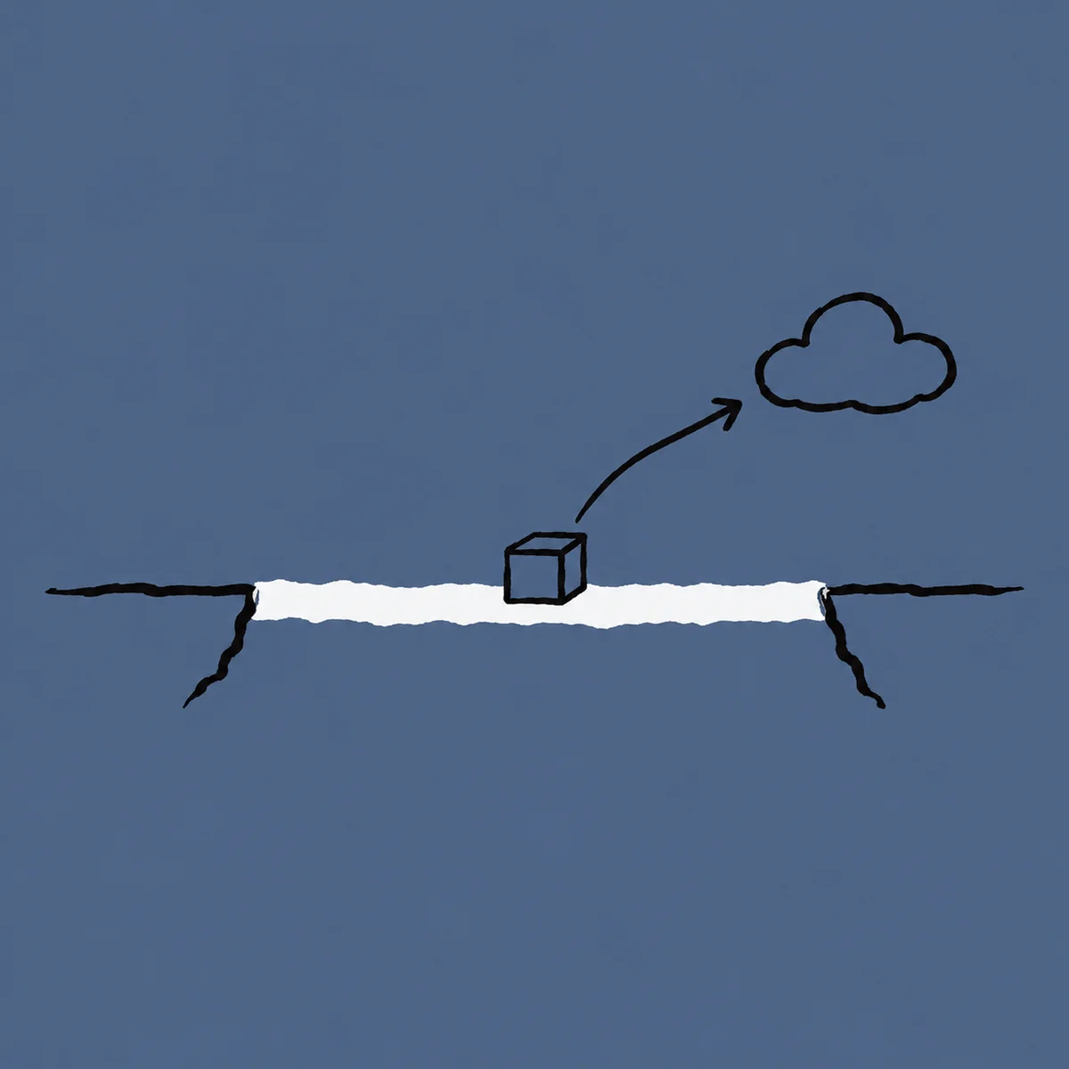 Ink drawing of a box halfway across a paper bridge, with an arrow pointing to a cloud on the far side.