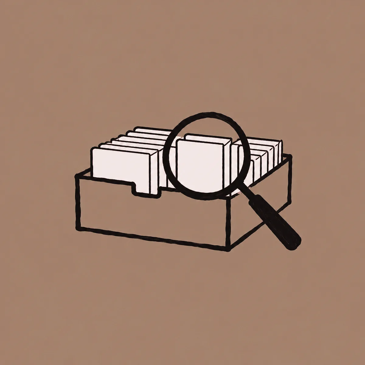 Dibujo a tinta de un fichero con tarjetas de papel iguales y una lupa revisando una de ellas.
