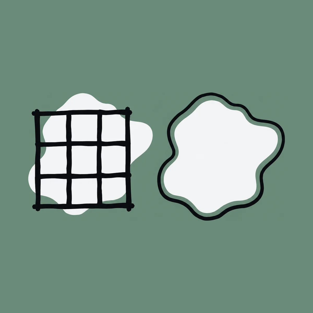Ink drawing of a paper shape spilling out of a rigid grid and, beside it, the same shape inside a custom outline.