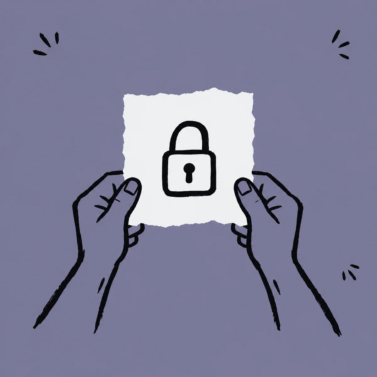Ink drawing of two hands holding a paper sheet with a closed padlock; small sparks far away.