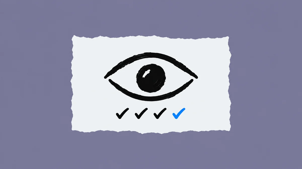 Dibujo a tinta de un panel de papel con un ojo abierto y una fila de marcas de verificación debajo.