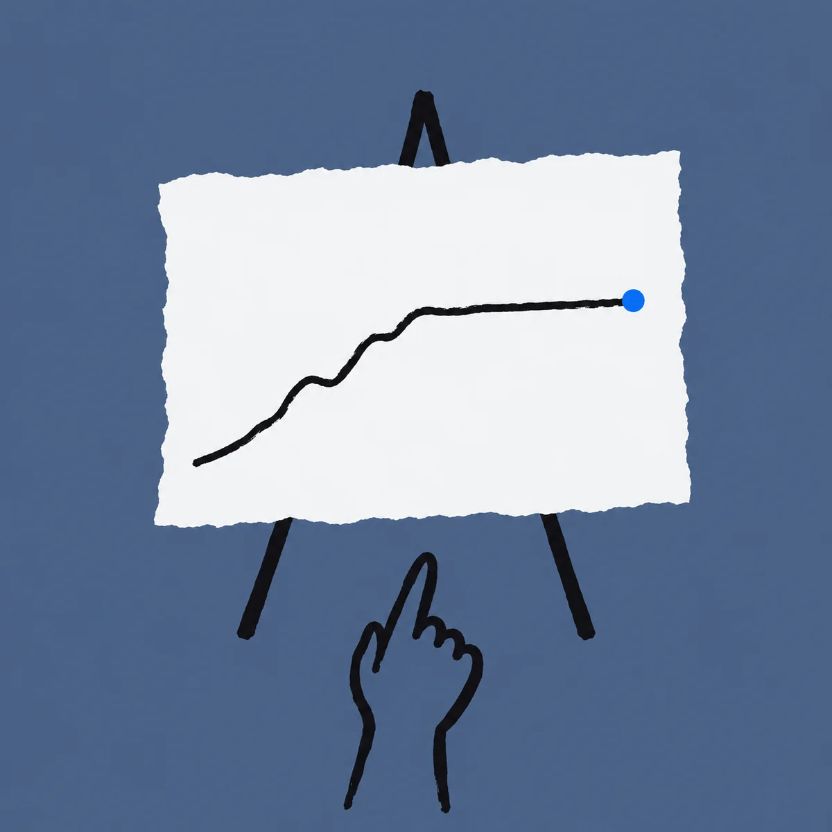 Ink drawing of a paper board on an easel with a curve that rises and levels off, and a hand pointing at it.