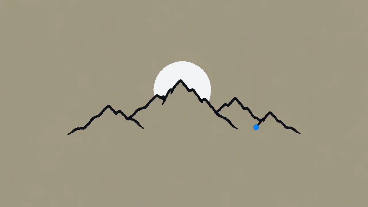 Ink drawing of an arid mountain range with a paper sun rising behind it and a blue dot on the foothills.