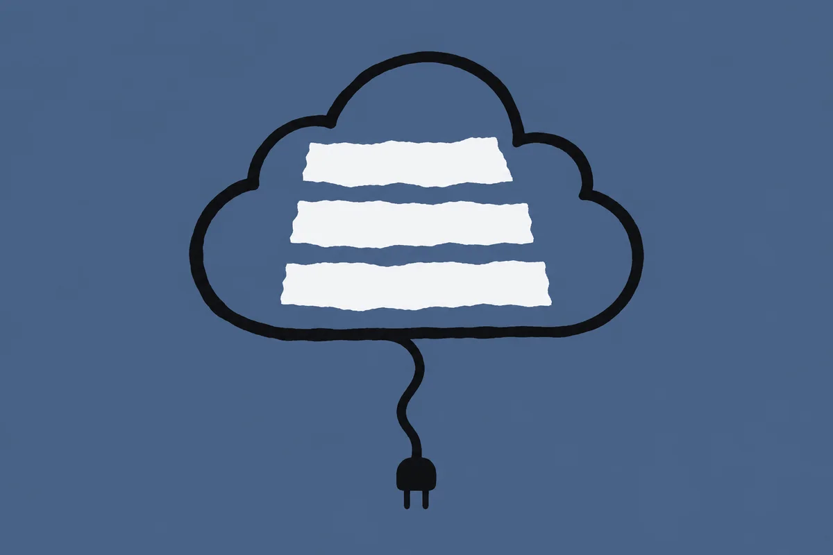 Ink drawing of a cloud with three stacked paper layers inside and a cable running down to a plug.