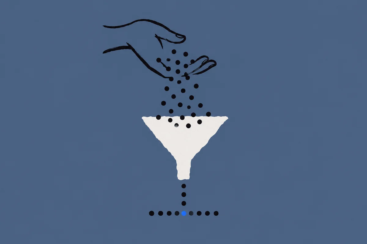 Ink drawing of a hand dropping scattered dots into a paper funnel; below they come out in a neat row.