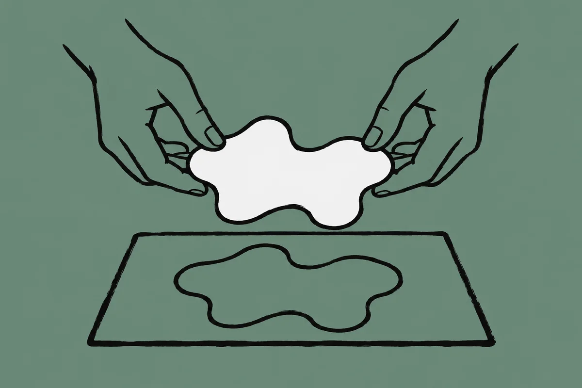 Ink drawing of two hands fitting a hand-cut paper piece into a hollow of exactly the same shape.