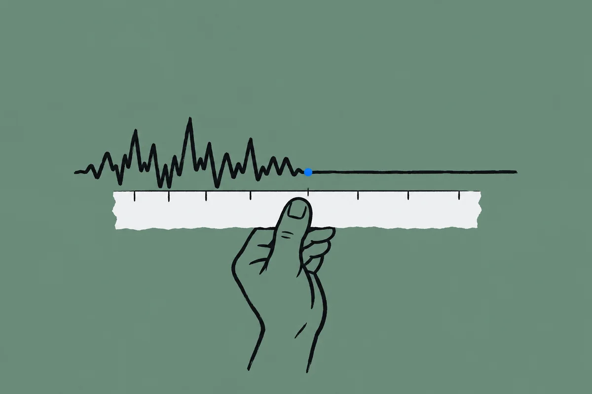 Ink drawing of a hand holding a paper ruler under a line that goes from jittery to straight.